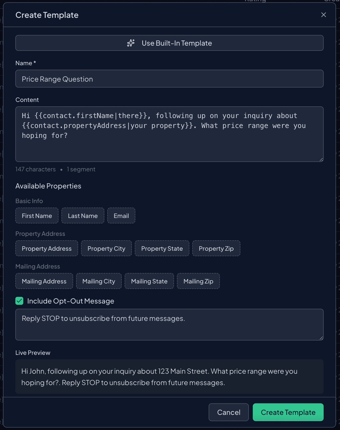 Template Builder screen